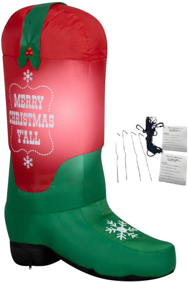 3.5 ft Red and Green Christmas Cowboy Boots Inflatable, LED