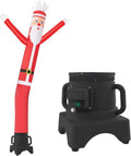 Red Santa tube man inflatable with waving arms beside a black blower