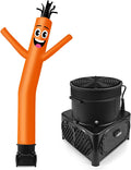 Orange tube man inflatable with a goofy face and waving arms beside its black blower