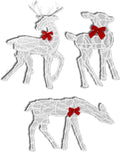Three white wireframe Christmas deer with red bows, one grazing
