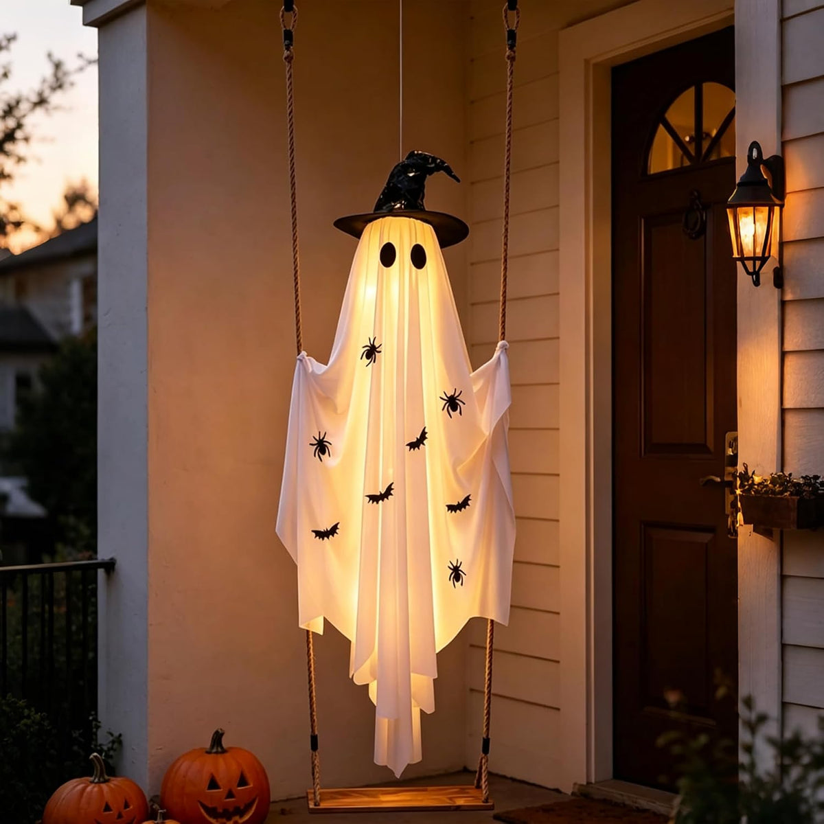 5 ft Hanging Halloween Ghost with Hat, Remote LED Lights