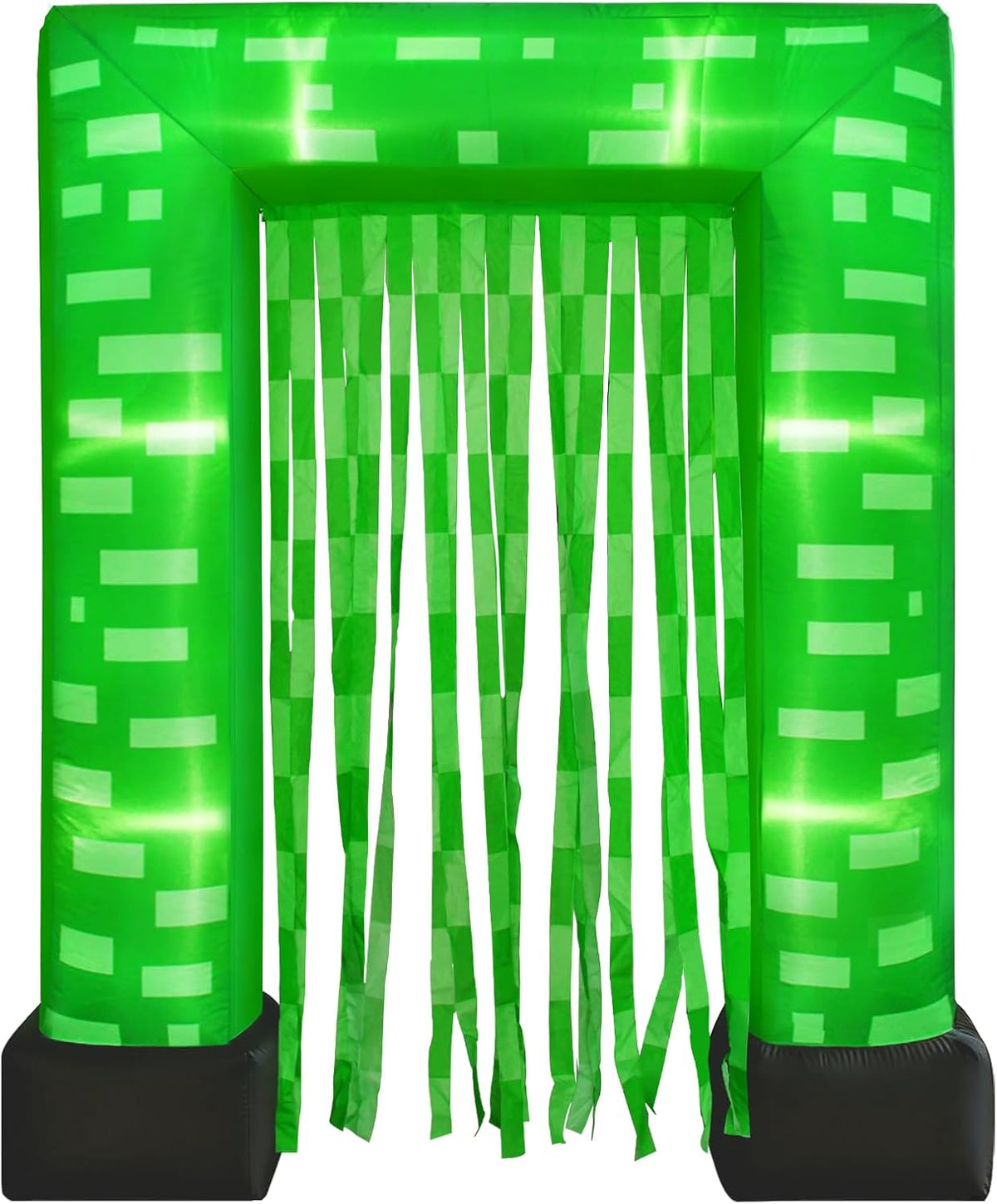 Green pixel-block square inflatable arch with a green streamer curtain glowing from inside