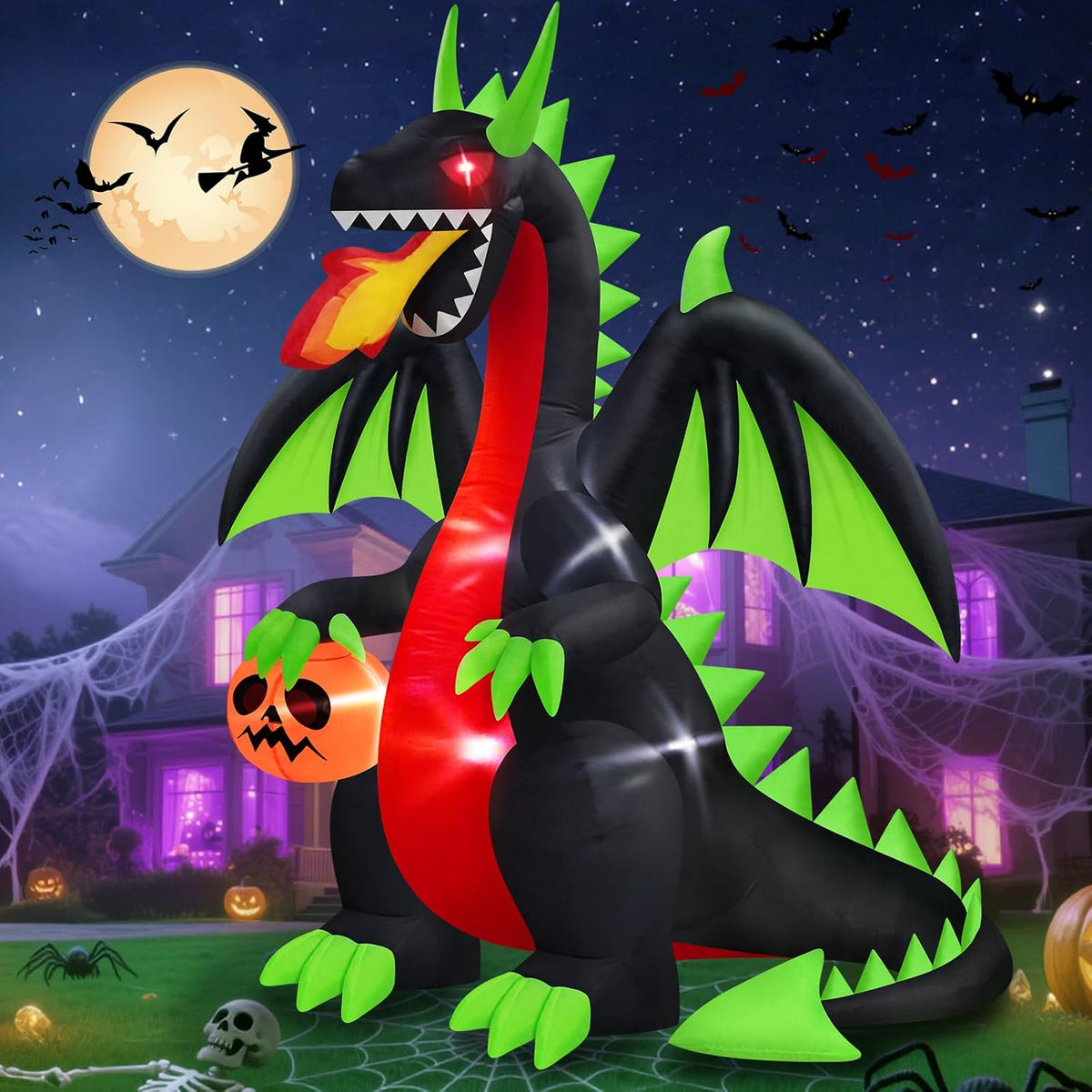 8 ft Dragon Holding a Pumpkin Halloween Inflatable, Red Eyes
