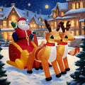 Santa waving from a red sleigh pulled by two reindeer inflatable in a snowy village