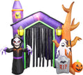 Purple haunted house inflatable with a hooded skeleton, a ghost on a tombstone and a dead tree