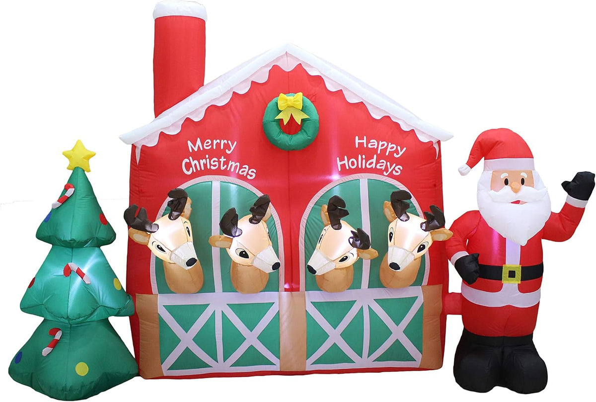 9 ft Santa and Reindeer in a Stable Christmas Inflatable