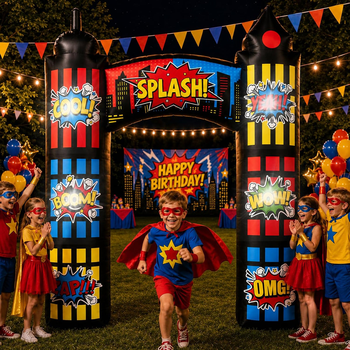 Comic book city skyline arch inflatable with a Splash sign and kids in superhero capes running through