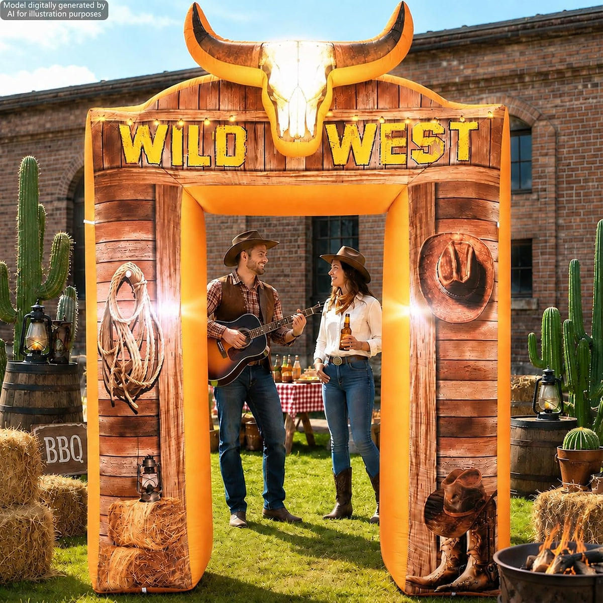 Wood-look Wild West inflatable arch with a longhorn skull at a backyard western party