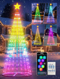 Rainbow LED cone Christmas tree with a star in front of a house with app, remote and mode samples shown